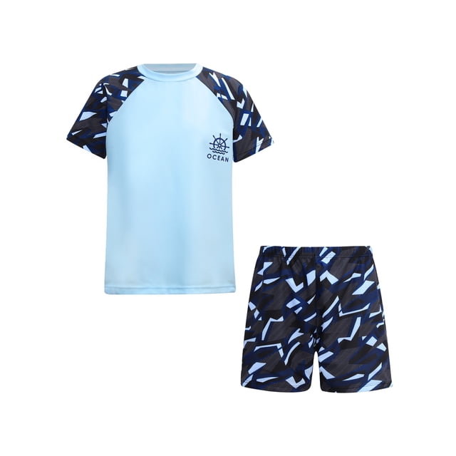 Zaldita Boys Short Sleeve Printed Rash Guard Two Pieces Swimsuit Set Summer Beach Bathing Suit Sky Blue A 4XL