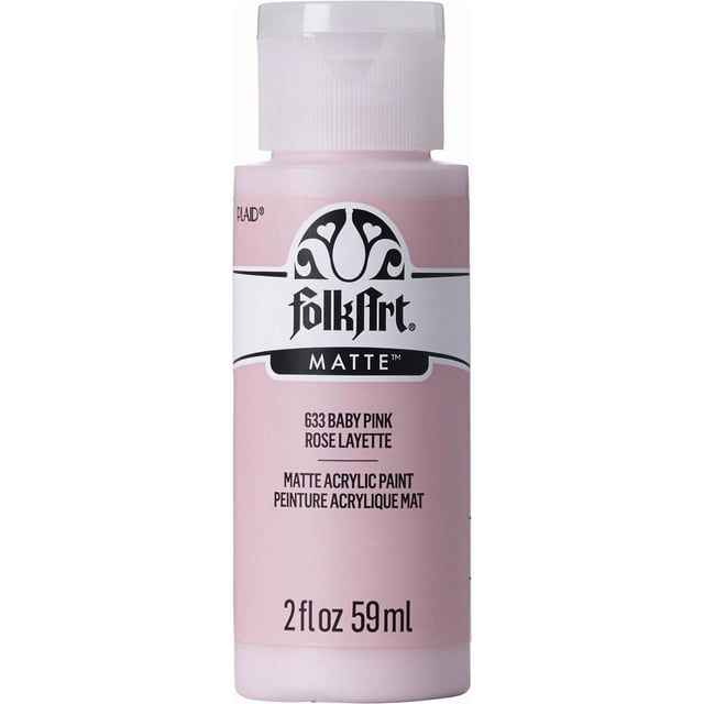 Folkart Matte Acrylic Craft Paint 2 fl. oz. bottle in baby pink with a white flip-top cap, featuring a matte finish acrylic formula ideal for art supplies and craft painting on wood, canvas, paper, and more, often used for basecoating and stenciling.