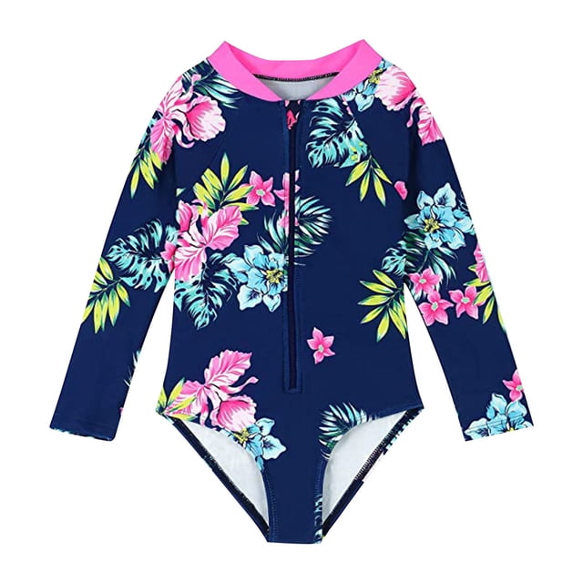 MIASHUI Girls One Piece Swimsuits Long Sleeve Zipper Bathing Suits Swimwear,Hot Pink,6-7 Years