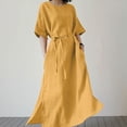 thumbnail image 2 of QIPOPIQ Robes pour Femmes avec Poches Manches Courtes Robes Décontractées Col Rond Robe d'Été Unie Manches Mi-Longues Robe Fendue avec Ceinture Offres 2023, 2 of 6