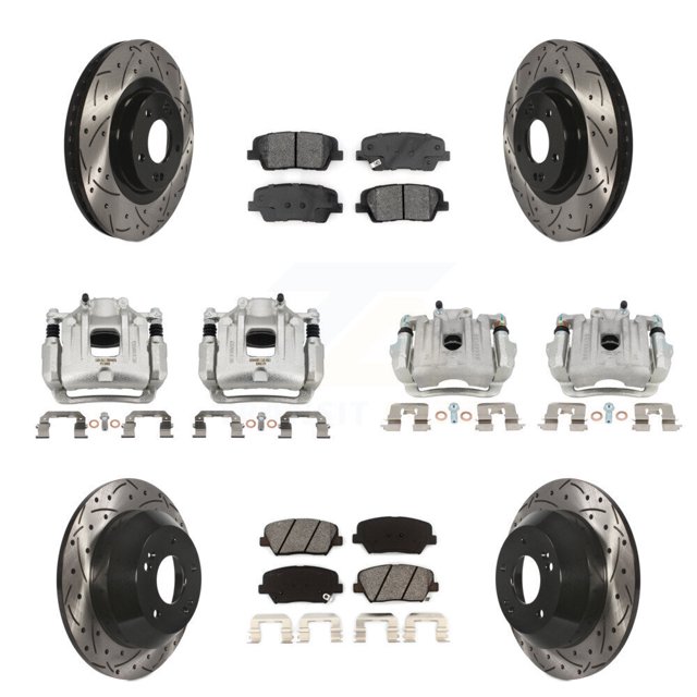 Transit Auto Front Rear Disc Brake Coated Caliper Drilled Slotted Rotors and Semi-Metallic Pads Kit (10Pc) for Car 2014-2015 Kia Sorento Limited with 3.3L with Red Painted Calipers KCD-100296S