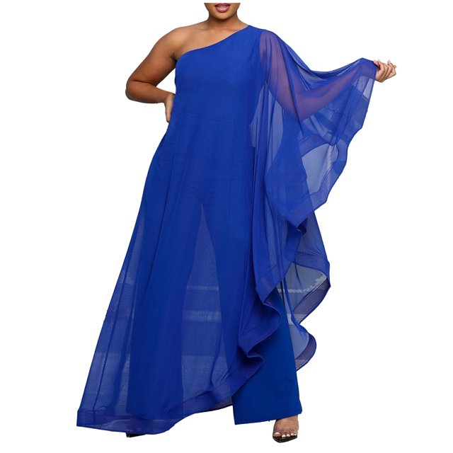 Combinaisons pour Femmes à une Épaule Soirée Cocktail Semi-Formelle Robe Maxi Pantalon Tenue de Voyage Ensemble S-111 Bleu m