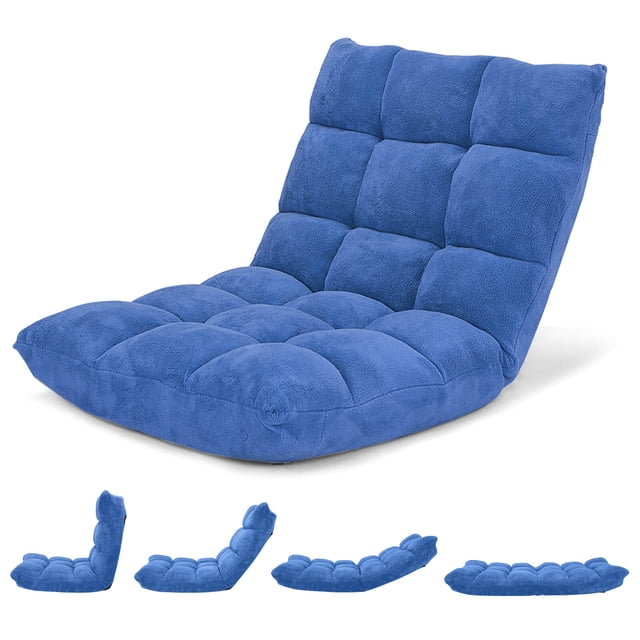 Costway Chaise de Sol Réglable à 14 positions, Chaise de Jeu Paresseuse Pliante, Coussinée, Bleu Neuf. Cette Chaise de Sol Présente une Housse en Velours Corail Doux et un Coussin Épais Rembourré pour le Confort. Elle a un Cadre Robuste en Acier Allié et Peut Être Ajustée à 14 positions, Allant de Plat à Vertical avec un angle de 84,5°. la Chaise Est Légère, Facile à Transporter et Convient aux Salons, Chambres Ou Installations de Jeu. les Dimensions Sont 41,5 x 22,5 x 6 Pouces Lorsqu'elle Est Plate et 26