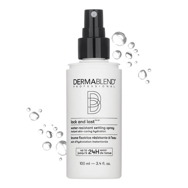 Dermablend Lock and Last Water-Resistant Setting Spray in a 100 ml (3.4 fl oz) bottle with a black spray nozzle. The white bottle features the Dermablend logo and product details, highlighting its 24-hour water, smudge, and transfer-resistant formula. Surrounding the bottle are water droplet graphics, emphasizing its hydrating and lightweight properties.