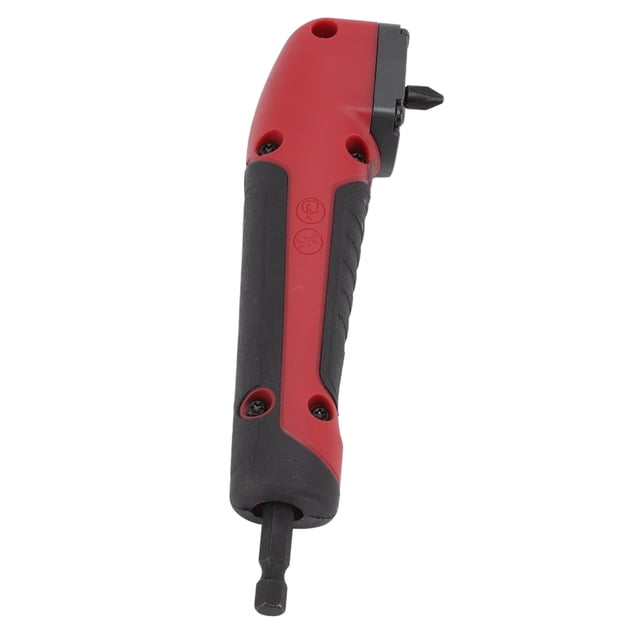 Right Angle Drill Adapter with a 90-degree ergonomic design, featuring a red ABS handle and black grip for comfortable use in tight spaces. Made of high-strength alloy steel, this attachment is compatible with electric drills and wrenches, ideal for wood DIY projects. Approximate weight is 174g (6.1oz).