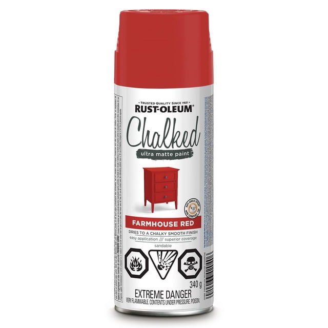 Chalked Farmhouse Red Aerosol 340G spray paint can by Rust-Oleum with a red cap and white label showing a red painted dresser, ultra matte chalky spray paint for indoor use with superior coverage and smooth finish, featuring flammability and poison hazard icons.