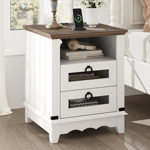 Ourlova Farmhouse Nightstand 18 inch Side Table with Charging Station Bedside Table with 2 Drawers Night Stand with 2 USB Ports End Table with Open Cubby Bedroom Living Room - White