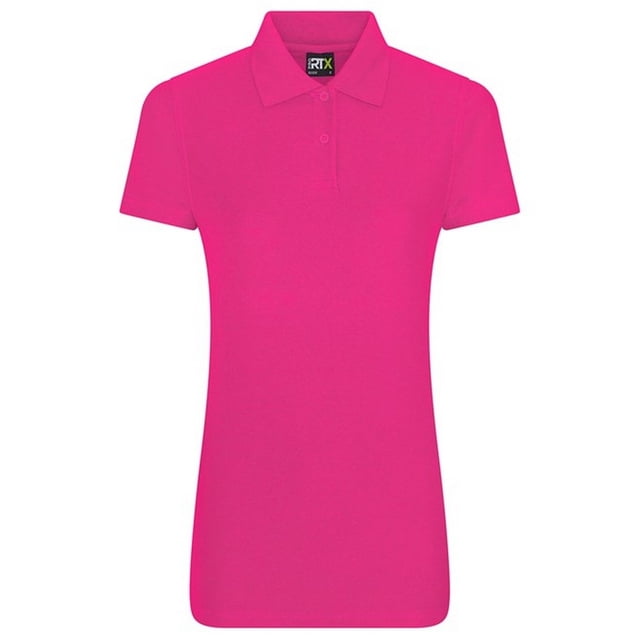 PRO RTX Womens Polo Shirt in vibrant pink, designed for casual wear with a modern fit, short sleeves, and a ribbed, taped neckline. Features a durable 50% polyester and 50% cotton blend, 220gsm plain fabric, and a 3-button placket.