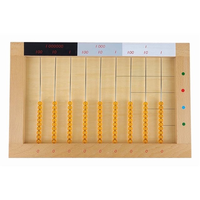 IFIT Montessori Flat Bead Frame, a wooden Montessori math material featuring nine columns of golden beads representing numbers from single units to 100,000,000. The frame measures 32 cm x 20 cm (about 11.5 inches x 8 inches) and is designed to lay flat for multiplication activities. Ideal for teaching advanced math concepts in a Montessori setting.
