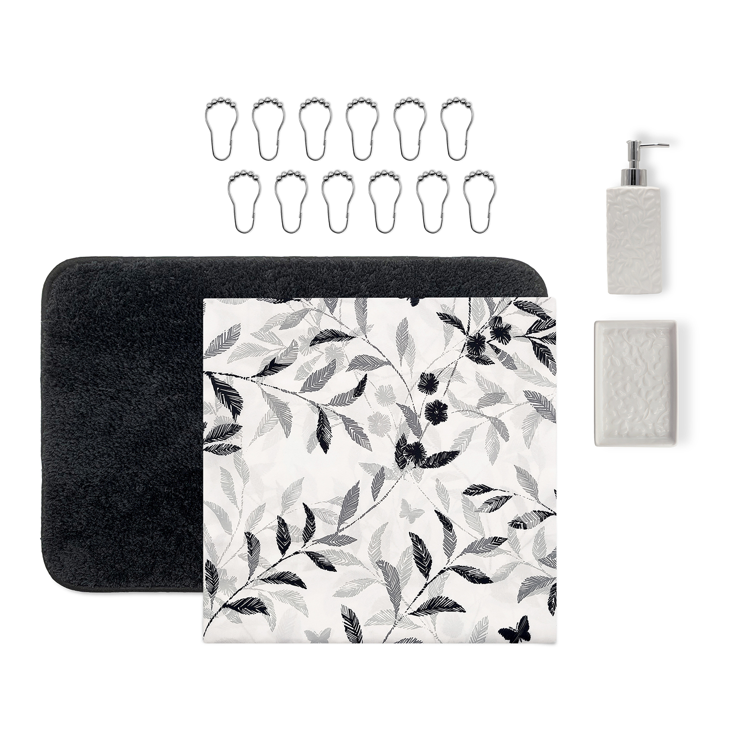 Ensemble de salle de bain Mainstays 16 pièces, rideau de douche en tissu noir à motif botanique à rayures, avec tapis, crochets, distributeur de savon et accessoires