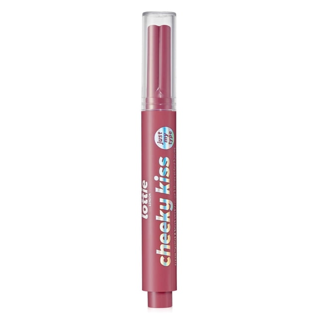 Lottie London - Cheeky Kiss - Cream Lipstick & Blush Stick in mauve pink with clear cap, a multi-tasking cream blush and lip tint enriched with hyaluronic acid and vitamin E for hydrated, fuller-looking lips and a natural flush.