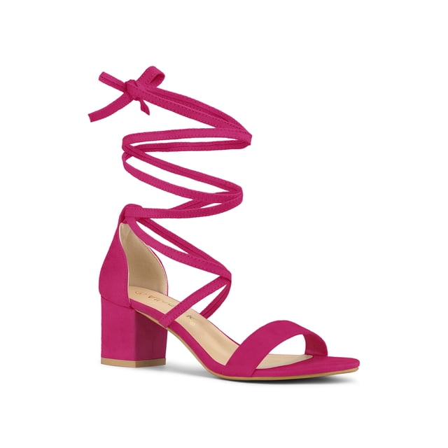 BLISSFUL STEP Women's Open Toe Lace up Sandals Mid Block Heels Sandals Hot Pink 9