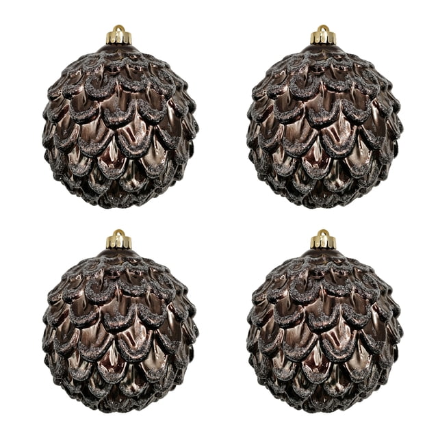 Holiday Time 4-Count Brown Pinecone Textured Shatterproof Christmas Ornaments, 150MM