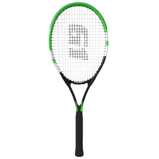 Raquette de Tennis Récréative Going One - Raquette Légère Pré-Enfilée pour Adultes, Jeunes et Juniors, Raquette en Aluminium Centrée Orientée vers l'Avant avec Cadre à Gorge Ouverte, Cordes en nylon Blanches et Prise Droite Noire; Tête Ovale Mince et Tige Effilée sur Fond Neutre, Convient au Jeu et à la Pratique Récréatifs et Est Souvent Utilisée par les Débutants et les Juniors.
