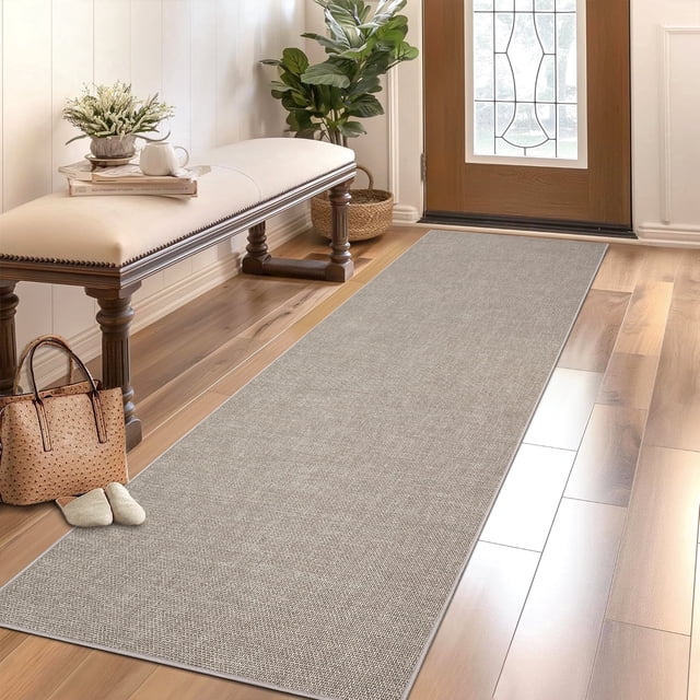 Garvee 2'x6' Modern Solid Color Runner Rug Minimalist Woven Textured Carpet, Washable Rug Non Slip Low Pile Indoor Mats for Hallway Bedroom Kitchen, Beige