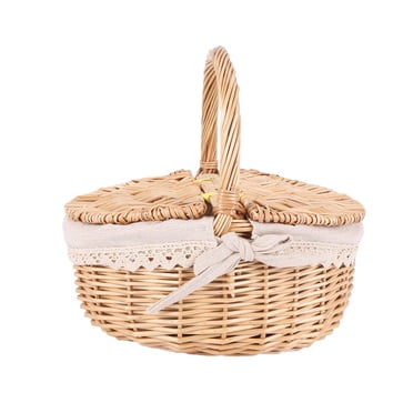 Handmade Wicker Basket with Handle Wicker Camping Picnic Basket with Double Lids Storage Hamper Basket with Cloth Lining,1 x Picnic Basket,Wood Color