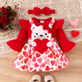thumbnail image 1 of PatPat Valentine's Day Baby Girl 2pcs Bear Style Ruffled Romper and Embroidered Overalls Dress Set, 1 of 3