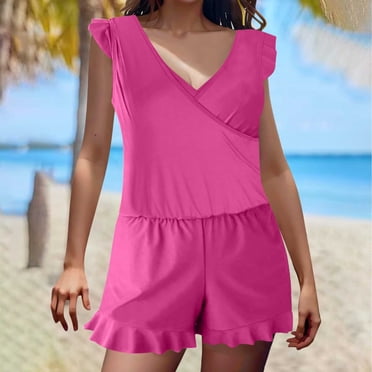 Aboser One Piece Swimsuit Women Built in Bra Shorts Bathing Suits Ruffle Sleeve Romper Swimsuits Tummy Control Swim Jumpsuit Swimwear with Pockets