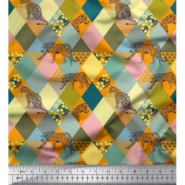 Soimoi Moss Georgette Fabric Leopard & Argyle Patchwork Print Sewing Fabric Yard 42 Inch Wide