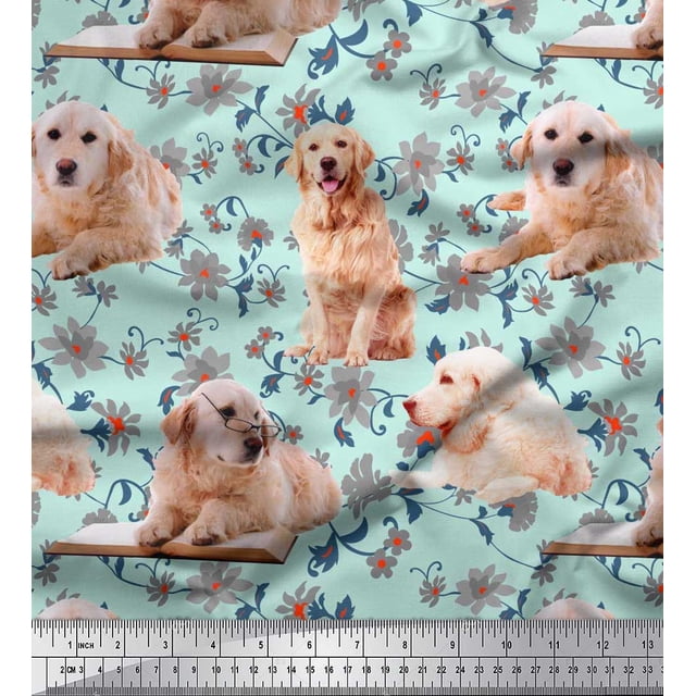 Soimoi Poly Georgette Fabric Floral,Book & Golden Retriever Dog Fabric Prints by Yard 52 Inch Wide