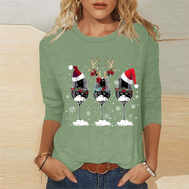 Amzcrzy Hauts pour Femmes T-Shirts Graphiques de Noël pour Femmes Mode Xmas Col Rond Manches 3/4 Hauts pour Femmes Décontractés Confortables Hauts d'Automne pour Femmes