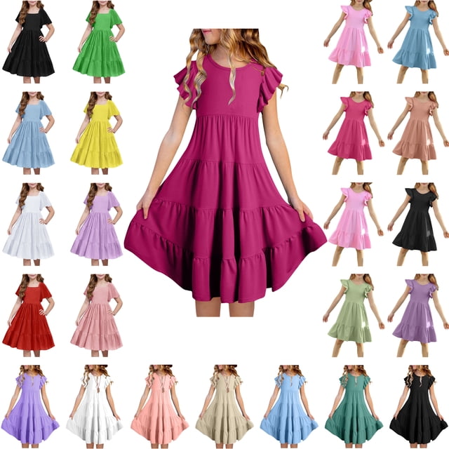 Jinhomg Robe d'Été pour Filles Décontractée à Smocks, Robes Bohèmes Fluides à Manches à Volants, Robe Midi à Étages Violette 5 Ans