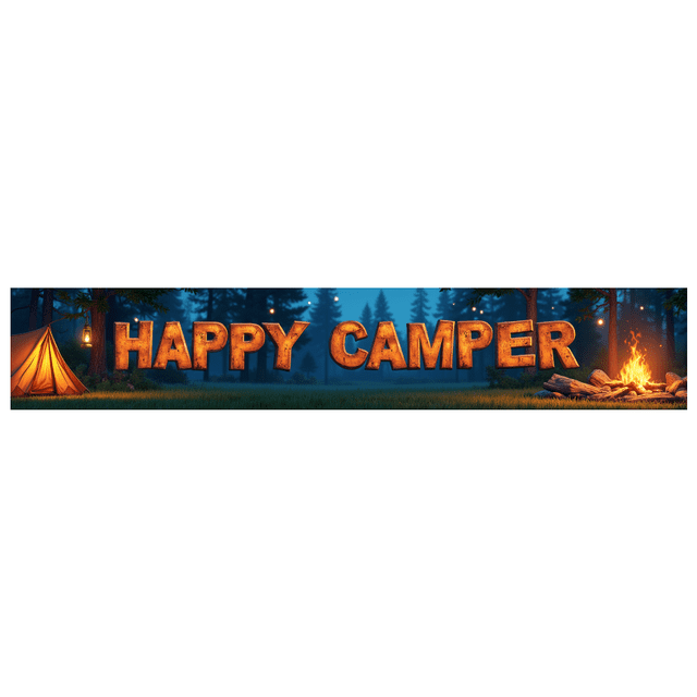 Forest Design Happy Camper Tent Banner Campfire Nature Scene for Outdoor Adventure Camping Event