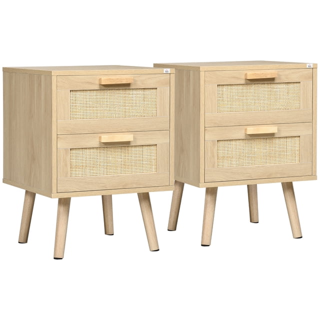 HOMCOM Ensemble de 2 tables de Nuit au Design Bohème avec Deux Tiroirs Chacune, Mettant en Valeur un Cadre en Panneau de Particules Effet Bois Naturel, des accents en Rotin et des Pieds Robustes en Pin. Parfaites pour les Meubles de Chambre de Style Bohème, Ces tables Polyvalentes Peuvent Être Utilisées comme tables de Chevet, tables d'Appoint Ou tables de Bout de sofa. Dimensions : 15.7 Pouces L x 15.7 Pouces L x 22 Pouces H.