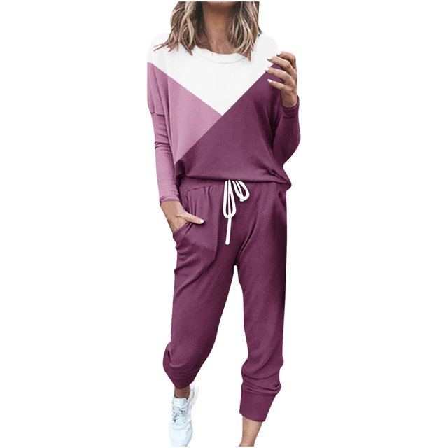 CHOK Womens Sport Set Long Sleeve Patchwork Color with Loose Cozy Petite Sweatpant Trendy Fall Winter Suits (X-Large Pink)