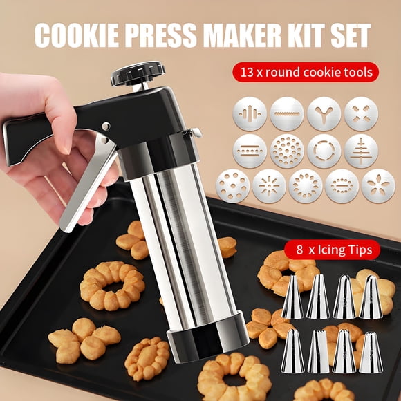 Stainless Steel Cake Decorating Gun Kit with 13 Flower Designs and 8 Replaceable Nozzles - 304 Grade Icing Piping Tool for Cookies, Cupcakes, Cream Decoration - Ergonomic Design, Easy to