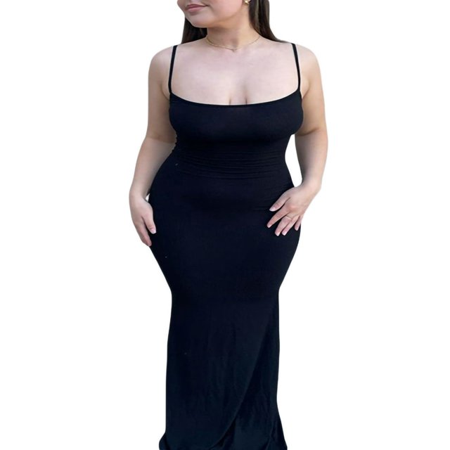 QJUHUNG Femmes Couleur Unie Robe Longue Sexy Bodycon Extensible Maxi Dame Printemps Automne Été Robe Spaghetti Sangle