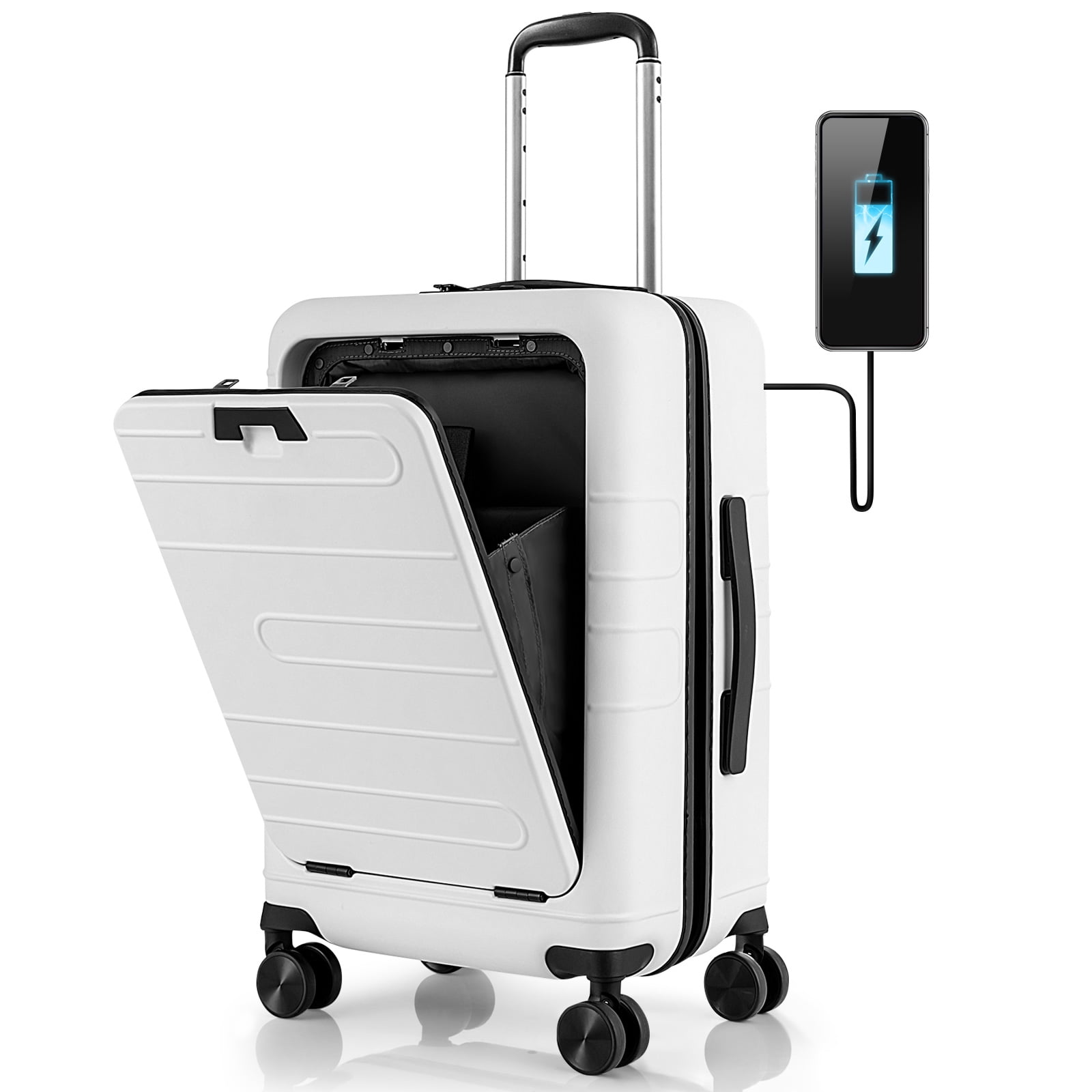 Costway 20" Carry-on Luggage PC Hardside Suitcase TSA Lock with Front Pocket & USB Port White
