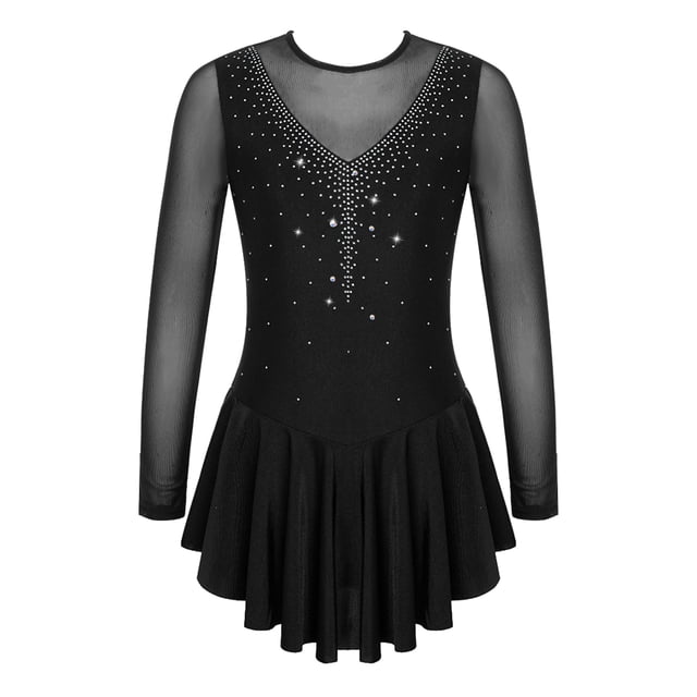 Miaeowve Kids Girls Figure Skating Dress Rhinestone Mesh Irregular Ballet Dan Dress Performance Dancewear Black 16