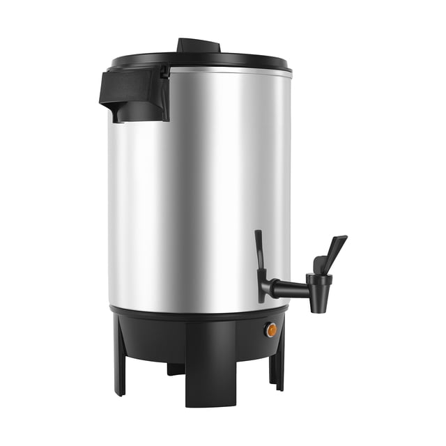 KFFKFF Commercial Coffee Urn, 30 Cup 152oz Hot Beverage Dispenser with Dripless Faucet. This large-capacity coffee maker features a natural aluminum finish, a dual no-drip spout for single-cup or continuous flow, and a 1090W heating element for quick brewing. Designed for commercial use, it includes a reusable mesh filter, automatic temperature control, and boil-dry protection. Ideal for events or group settings, it maintains coffee at 183℉–201℉ for extended periods. The urn has a sturdy, corrosion-resistant metal body with cool-touch handles and a lid for safe handling.