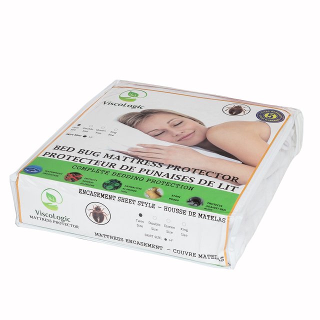 ViscoLogic BEDPRO Imperméable Testé en Laboratoire, Housse de Matelas à Fermeture Éclair Anti-Punaises de Lit dans Emballage de Vente au Détail. l'Emballage Met en Valeur des Caractéristiques Telles Que la protection contre les Punaises de Lit, Matériau Imperméable, Résistance aux Taches et Garantie de 5 Ans. Conçu pour s'Adapter aux Matelas jusqu'à 14 Pouces d'Épaisseur, Il Est Fait de 80 % Coton et 20 % polyester avec film TPU. le Produit Comprend une Fermeture Éclair Sécurisée avec Fermeture Velcro pour Empêcher les Ouvertures Accidentes