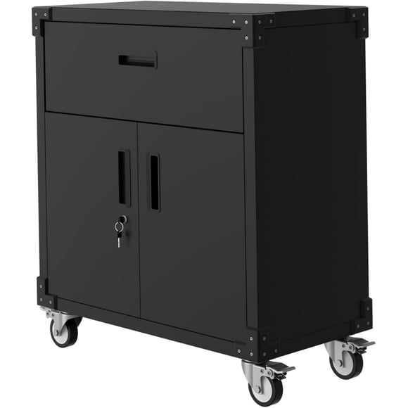 Metal Storage Cabinet, Rolling Tool Cabinet with Drawer 2 Adjustable Shelves and Locks & 4 Wheels, Heavy Duty & Rust Resistant Tool Cart, Storage Cabinet for Garage, Warehouse, Office, Black