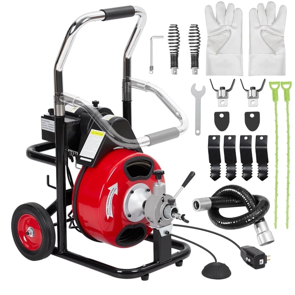 Electric Drain Cleaner Machine, 100FT x 3/8" Auto-Feed Cable, 370W Motor, 8 Interchangeable Cutters, Foot Switch, Gloves, For 1-4" Pipes – K-300ZF, 3/8" Storage, 100FT