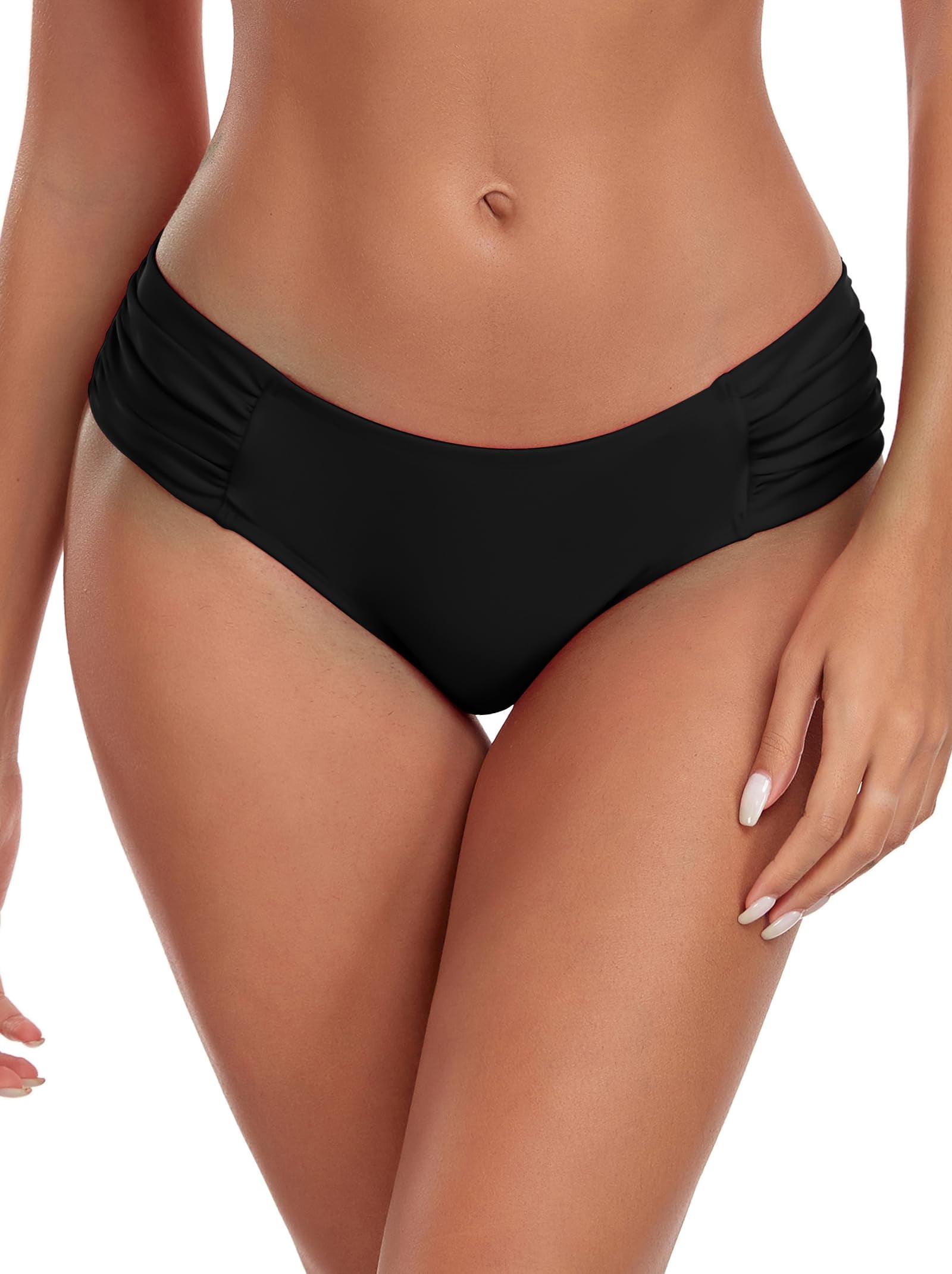 Ocean Blues Women's Full Coverage Bikini Bottom Mid Rise Ruched Sides Swim Bottoms Black Size 2X-Large