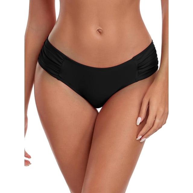 Ocean Blues Women's Full Coverage Bikini Bottom Mid Rise Ruched Sides Swim Bottoms Black Size 2X-Large