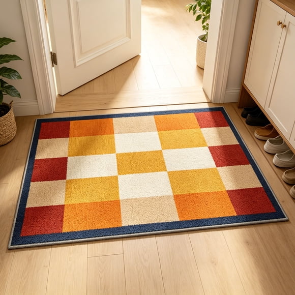 HOZADOIE Checkered Door Mat 35X24In, Non-Slip Floor Welcome Mats for Living Room Bedroom Entryway Kitchen Office Fall Porch Decor, Colorful