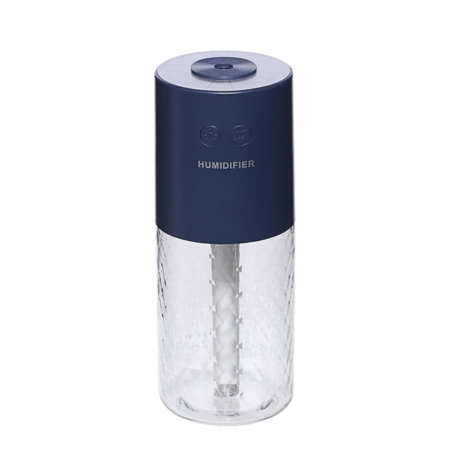 RKSTN Humidifiers for Bedroom Large Room Portable Car Humidifier with a navy blue top and clear textured base. Features USB charging, colorful LED night lights, dual spray modes, and ultrasonic mist technology for quiet operation. Suitable for home, office, nursery, and plants.