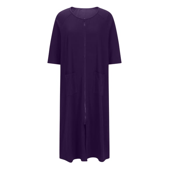 Women Robes Zipper Front 3/4 Sleeve Long Housecoat with Pockets Lightweight Loungewear Bathrobe Short Nightgowns for Women Purple XL