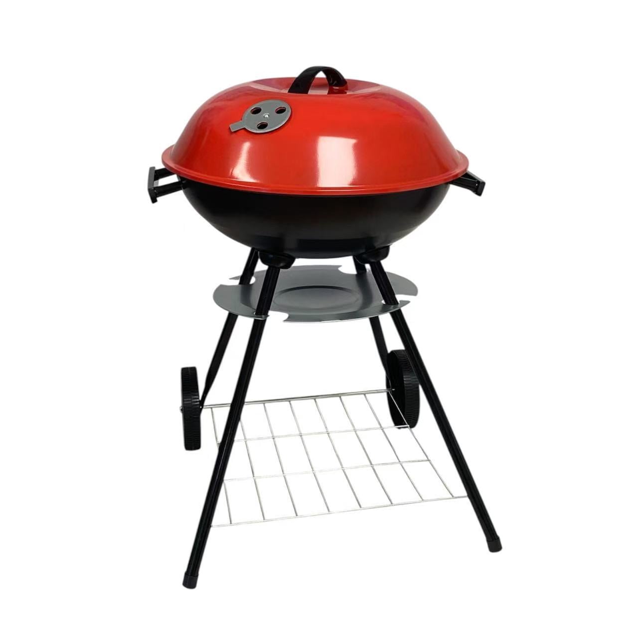 Charcoal Kettle Grill 17.5” with Wheels & Air Vent, Portable Outdoor BBQ Grill with Lid, Porcelain Enamel Coating, 2 Grates, Bottom Shelf, for Backyard Patio Camping