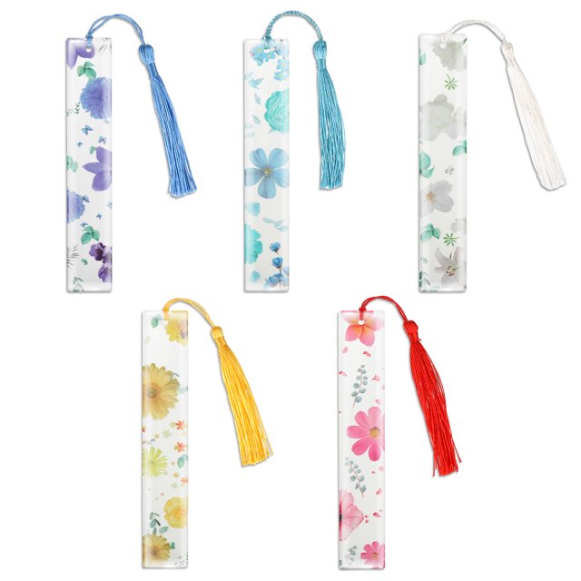 Unatoiry 5-piece captivating handmade transparent floral page markers featuring dried flower designs in multicolour acrylic material. Each bookmark showcases unique floral patterns with tassels in various colours, adding elegance to reading. Suitable bookmarks for women, ideal for novels, textbooks, or journals.