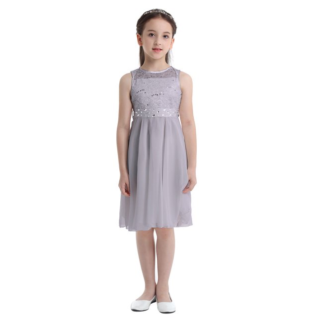 Miaeowve Robe Princesse Sans Manches en Mousseline à Paillettes et Dentelle pour Filles, Demoiselle d'Honneur, Mariage, Fête, Robe de Bal, Gris 12