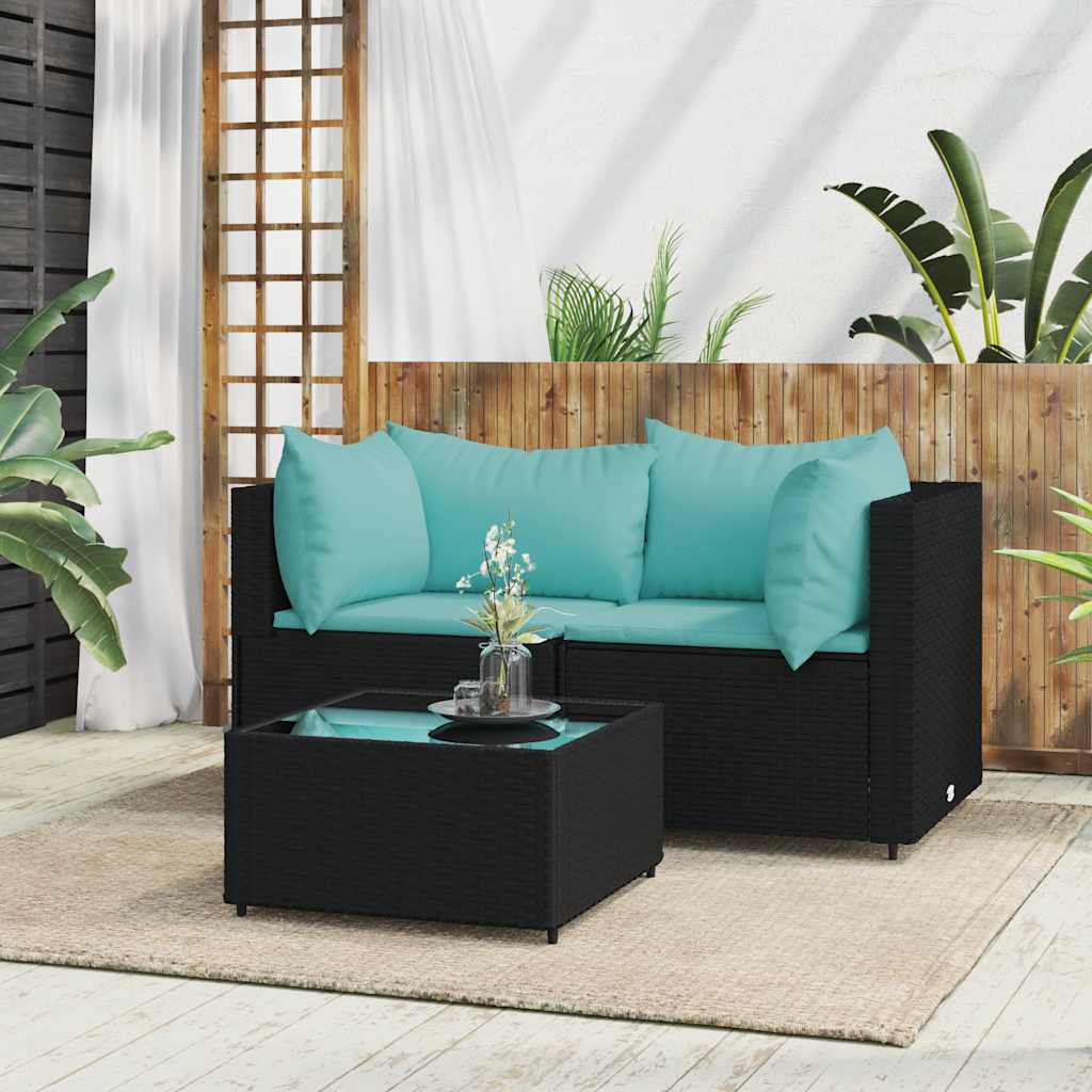 vidaXL 3 Piece Garden Lounge Set with Cushions Black Poly Rattan
