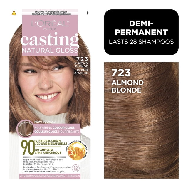 L'Oréal Paris Casting Natural Gloss Hair Dye in 723 Almond Blonde, a demi-permanent colour gloss enriched with honey and 90% natural origin ingredients, ammonia-free, providing up to 28 shampoos of rich, glossy, and manageable hair colour with seamless grey coverage.
