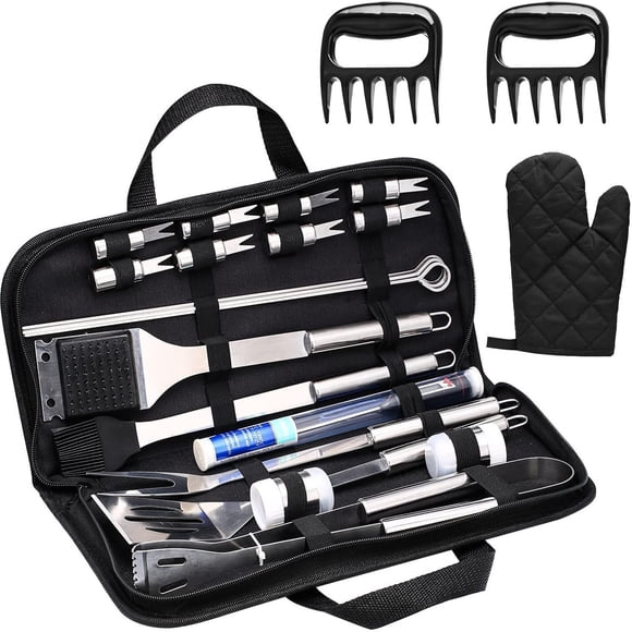 Ensemble d'Outils de BBQ 35 Pcs Accessoires de Gril en Acier Inoxydable / Trousse d'Ustensiles de Barbecue Portatifs pour l'Extérieur avec Sac en Tissu / Étui de Rangement pour Pinces Fourchette Spatule Brosse à Long Manche / Résistant à la Chaleur Sûr Durable