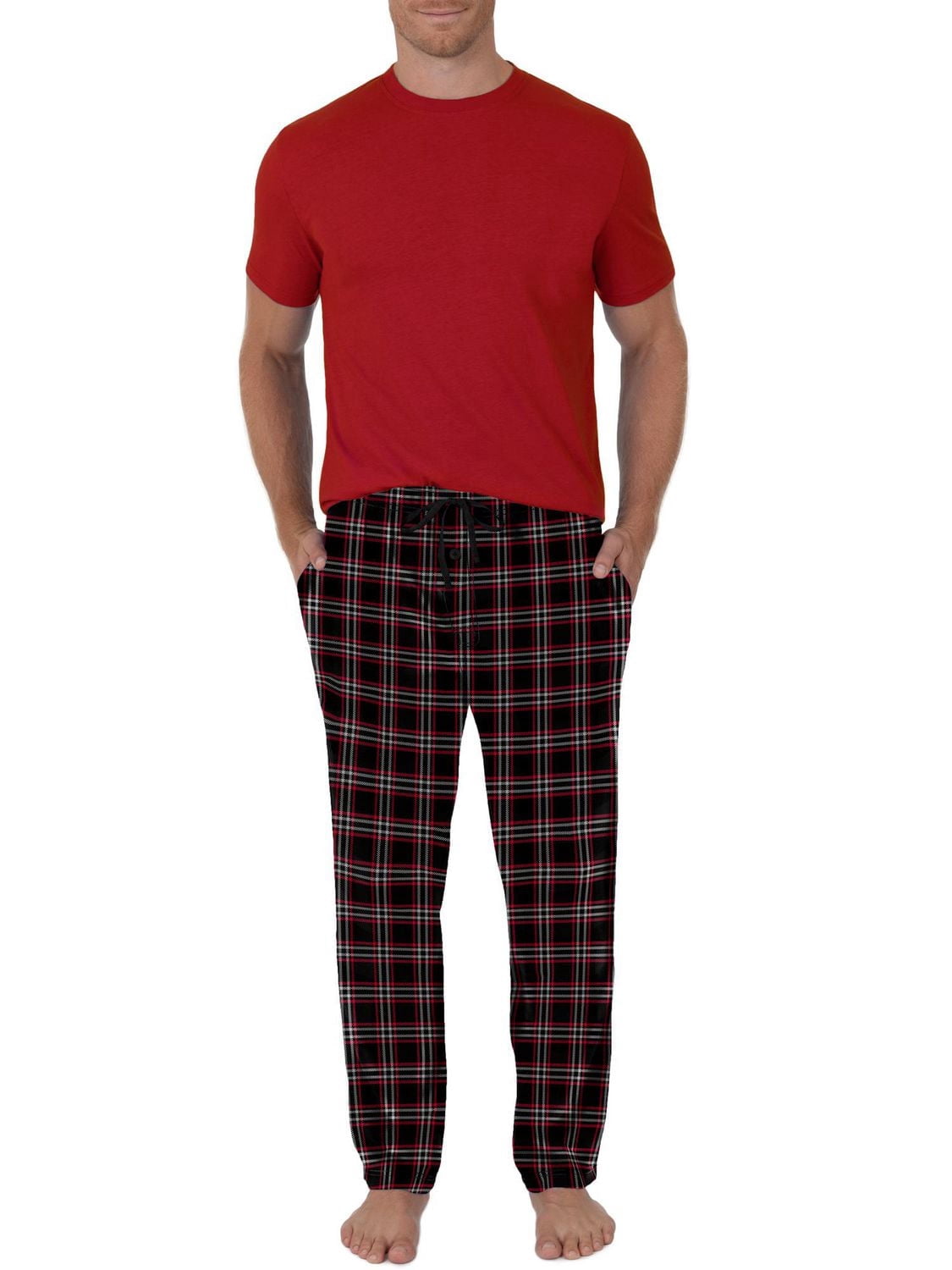 Fruit of the Loom Men's Sleep Set Crew Neck Top and Fleece Pant 2 Piece Pajama Red