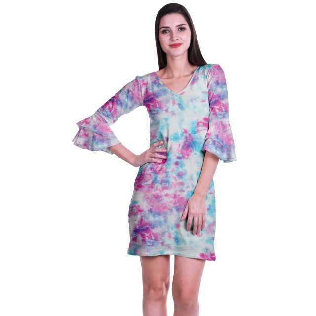 Moomaya Robe Courte Imprimée pour Femmes, Manches Évasées, Coupe Droite, Robes pour Femmes, Vêtements d'Été Décontractés